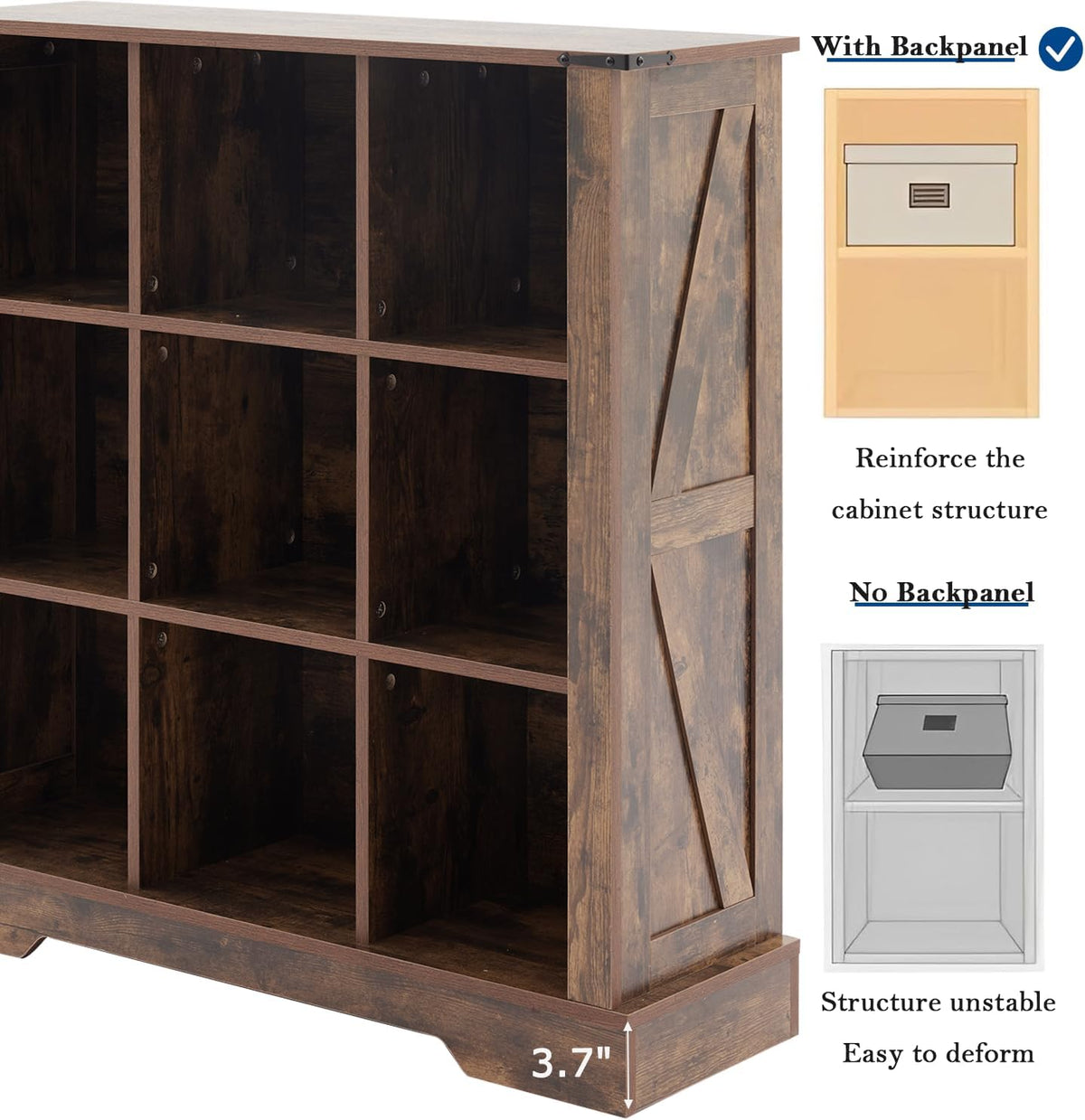 9 Cube Storage Organizer, 3 Tier Book Shelf with Led Lights, Farmhouse Book Shelves for Living Room, Horizontal Toy Storage Bookshelf, Wood Display Bookcase Cabinet for Bedroom, Office, Brown