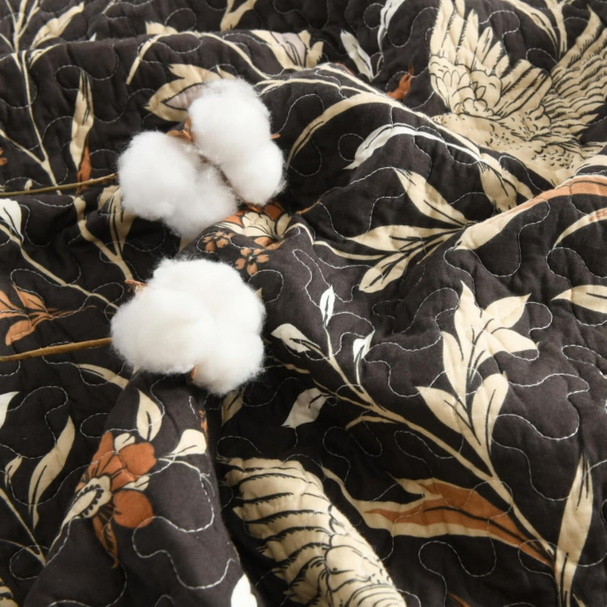 Uniclinens Botanical King Quilt Set, 100% Cotton Quilt Bedding Set Vintage Bird Pattern Bedspreads King Size, Chic Lightweight Quilted Comforter Coverlets, All Season, 3pcs, Dark Chocolate Brown/Beige