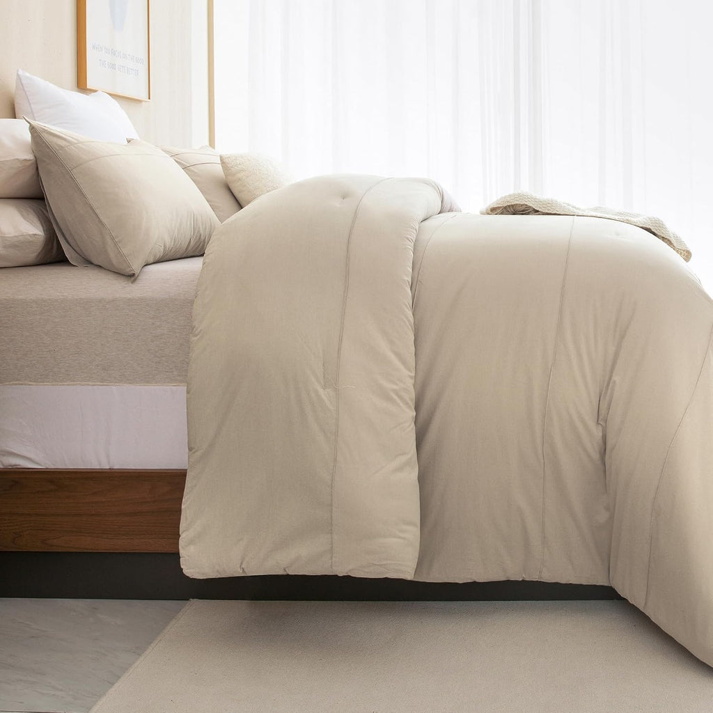 Sanracie Oversized King Comforter 128 * 120, Cotton Comforter King Size Extra Large Pinch Pleat Stripe Pattern,Solid Color Wheat Bedding Comforter Set Linen Feel Textured 3pcs Soft Neutral Bedding