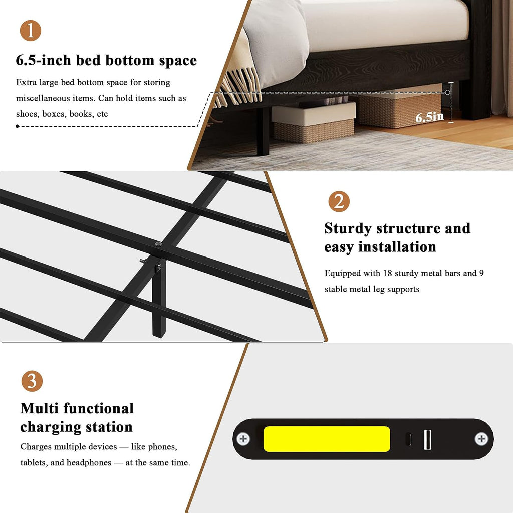 Farmhouse King Size Bed Frame with Headboard Storage Shelf, Wood Platform Bed Frame with LED Lights & Charging Station, Rustic Black Metal Bed, No Box Spring Needed, Noise-Free Sturdy Structure