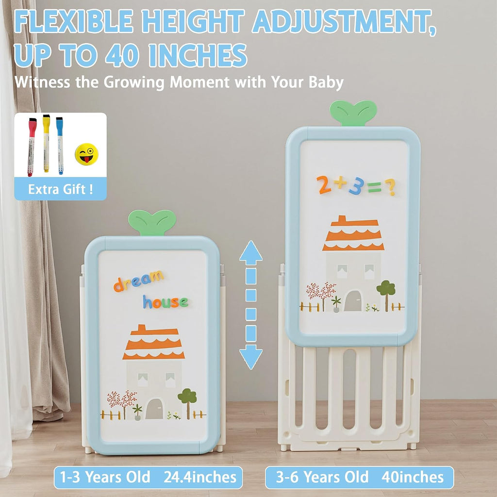 DEYGIA Foldable Kid Toy Storage Organizer with 10 Removable Bins and 3-Tier Bookshelf, 4 in 1 Multifunctional Large Toy Organizer with Drawing Board for Kid Bedroom Playroom Living Room, Light Blue