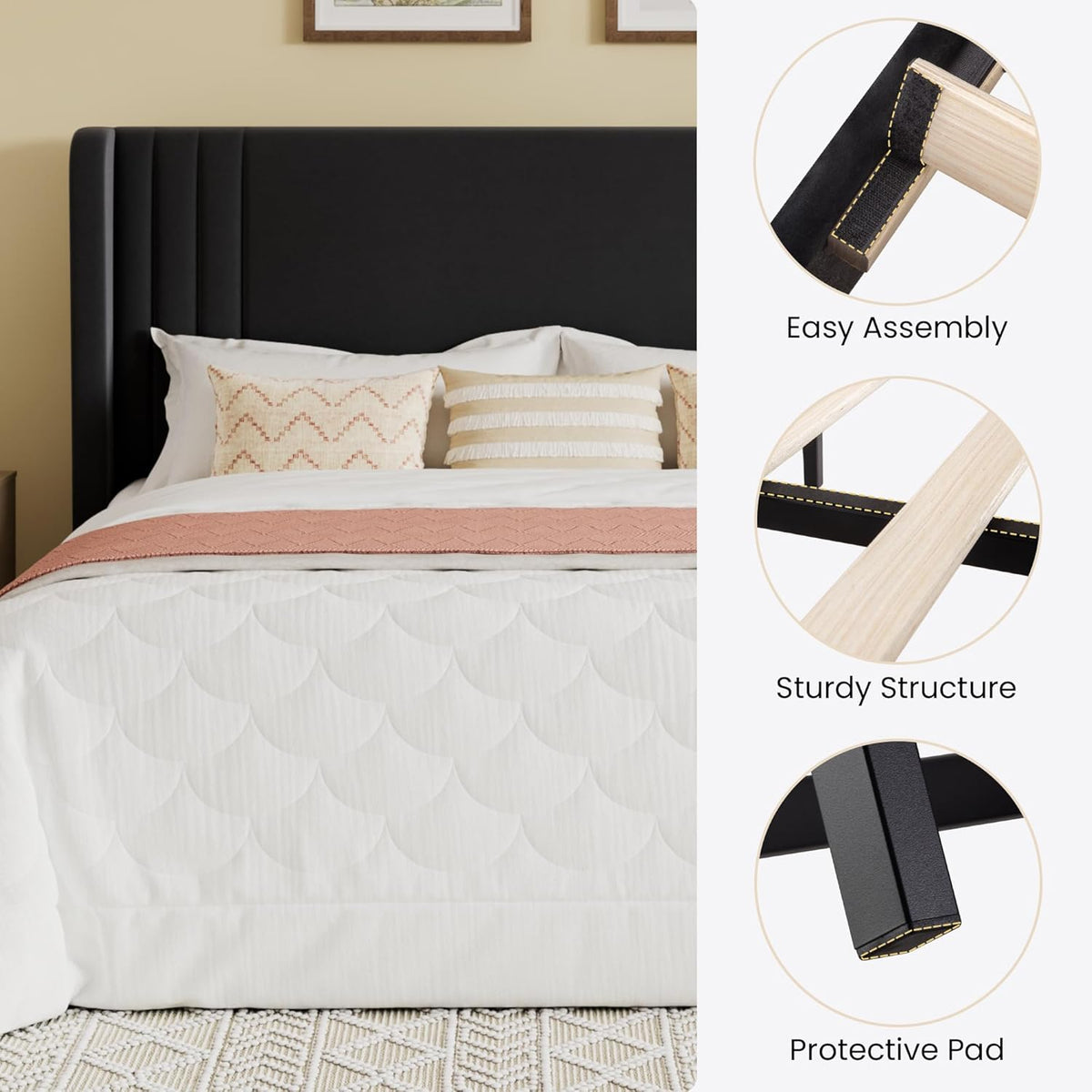 SHA CERLIN King Size Velvet Upholstered Platform Bed Frame with Vertical Channel Tufted Wingback Headboard, Wooden Slats Support, Easy Assembly, Under Bed Storage, No Box Spring Required, Black