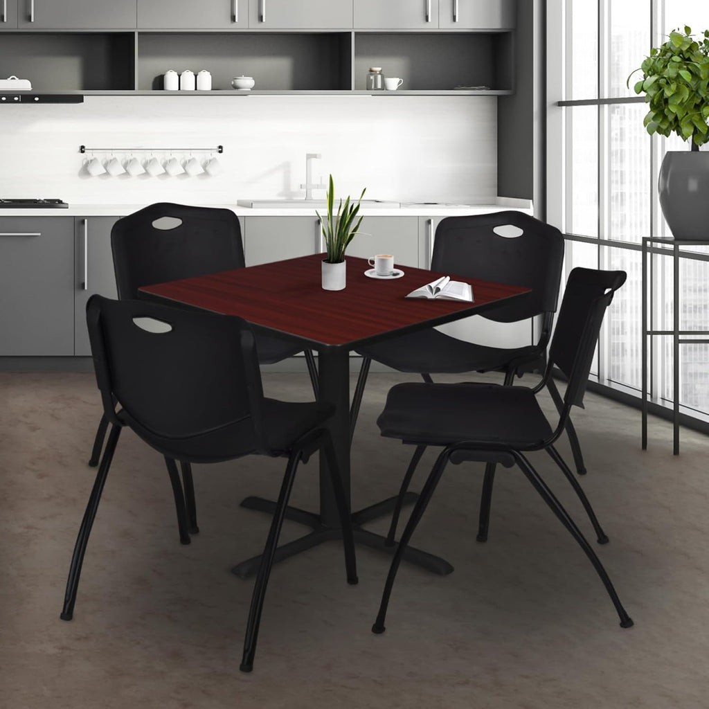 Regency Cain 48 in. Square X-Base Breakroom Table- Mahogany & 4 M Stack Chairs- Black