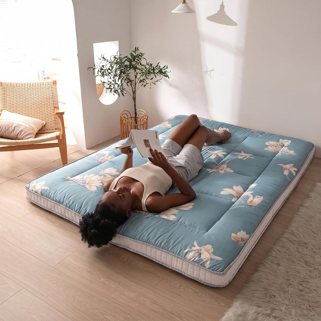 MAXYOYO Floral Printed Futon Mattress, Padded Japanese Floor Mattress Quilted Mattress Topper, Extra Thick Folding Sleeping Pad Breathable Floor Lounger Guest Couch for Camping, Queen Size