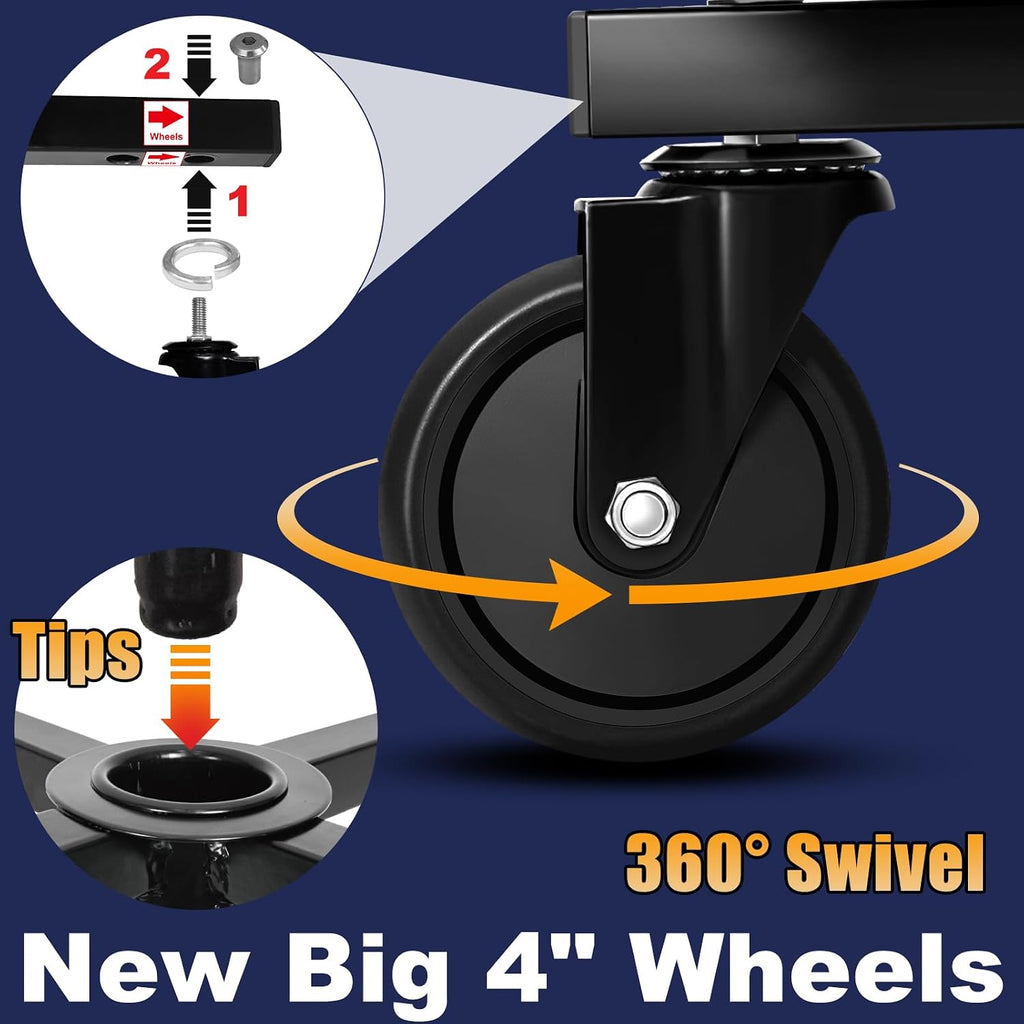 Rolling Stool with Wheels, Adjustable Shop Stool Mechanic Chair Seat Garage Shop Roller Work Chair Mobile Rolling Seat with Tool Tray, 2 Cup Holders, 4' Casters, 350 LBS, Heavy-Duty, Blue