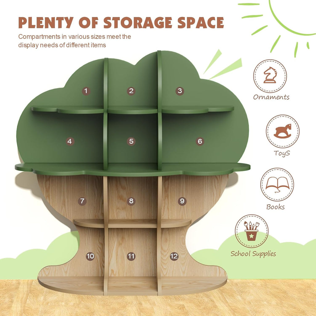 Green Tree Kids Bookshelf Toddler Bookcase 4-Tier Baby Book Rack Children Toy Storage Organizer Forest Wood Display Shelf for Nursery Playroom Bedroom Classroom School Homeschooling Boy Girl's Gift