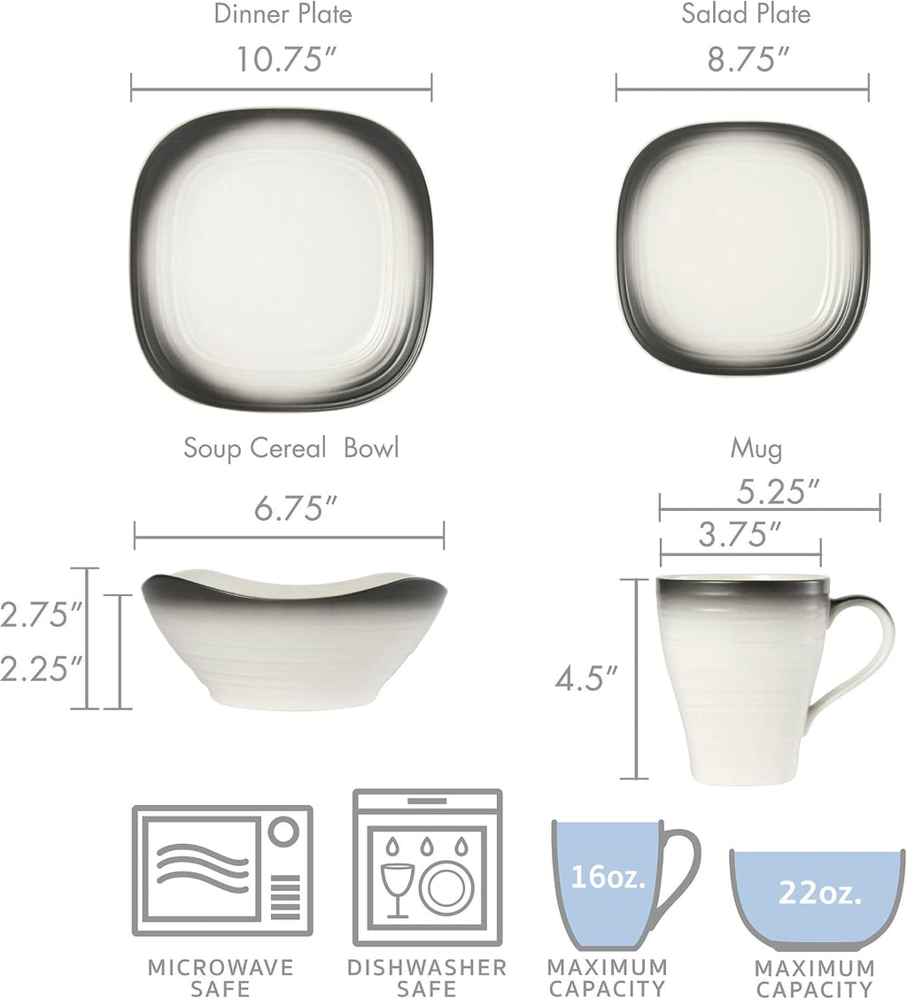 Mikasa Swirl Square Ombre Graphite 16 Piece Dinnerware Set, Service for 4
