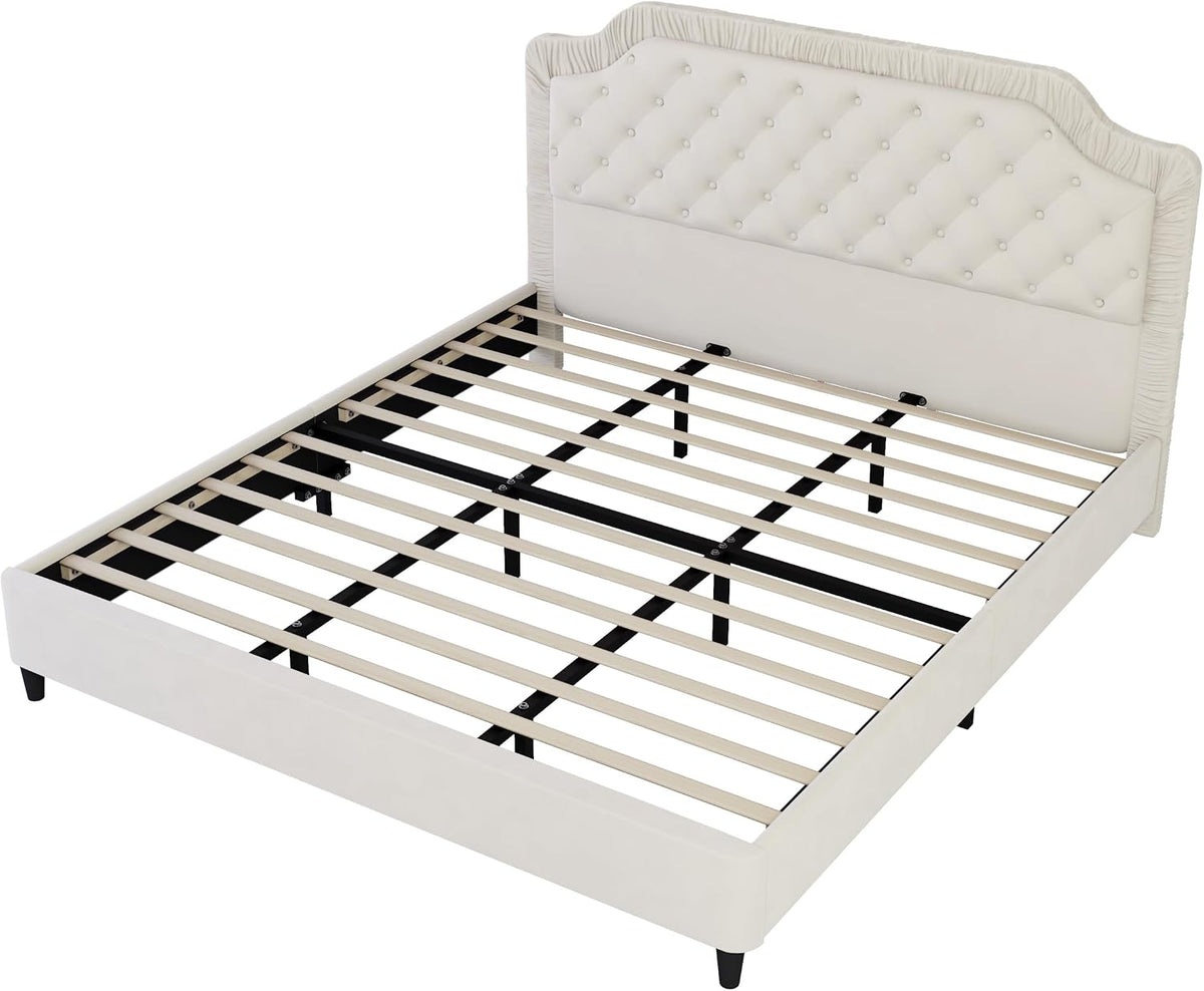 2 Pcs Bedroom Sets King Size Ruched and Button Tufted Velvet Upholstered Bed e with Storage Ottoman Bench, White