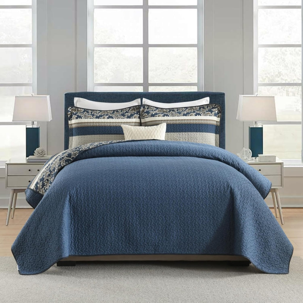 Uniclinens 100% Cotton Quilts Queen Size, Lightweight Botanical Striped Queen Quilt Bedding Set, Vintage Chic Reversible Quilted Bedspreads Coverlet Set, All Season, 3 Pieces, Navy Blue/Gray/Kharki
