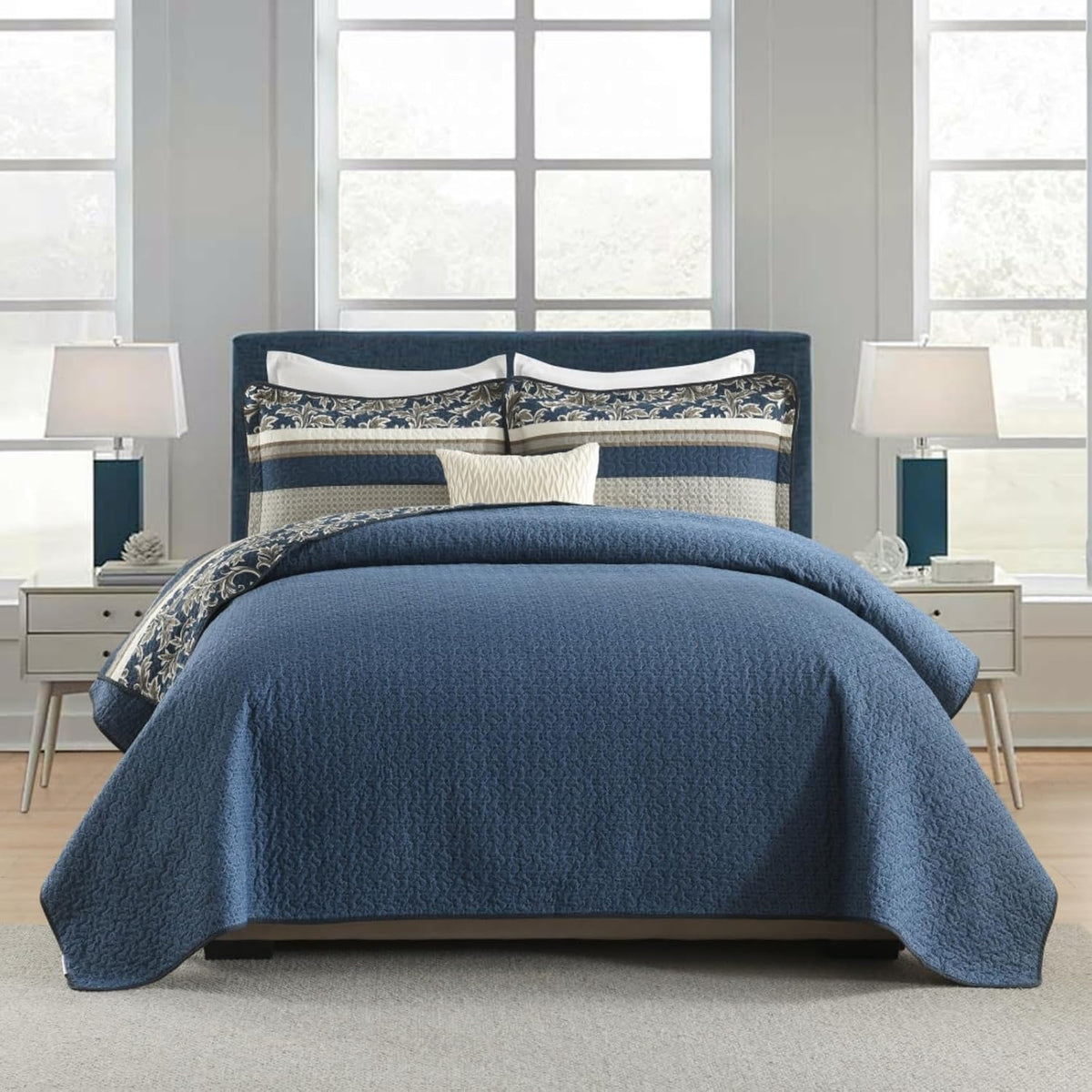 Uniclinens 100% Cotton Quilts Queen Size, Lightweight Botanical Striped Queen Quilt Bedding Set, Vintage Chic Reversible Quilted Bedspreads Coverlet Set, All Season, 3 Pieces, Navy Blue/Gray/Kharki