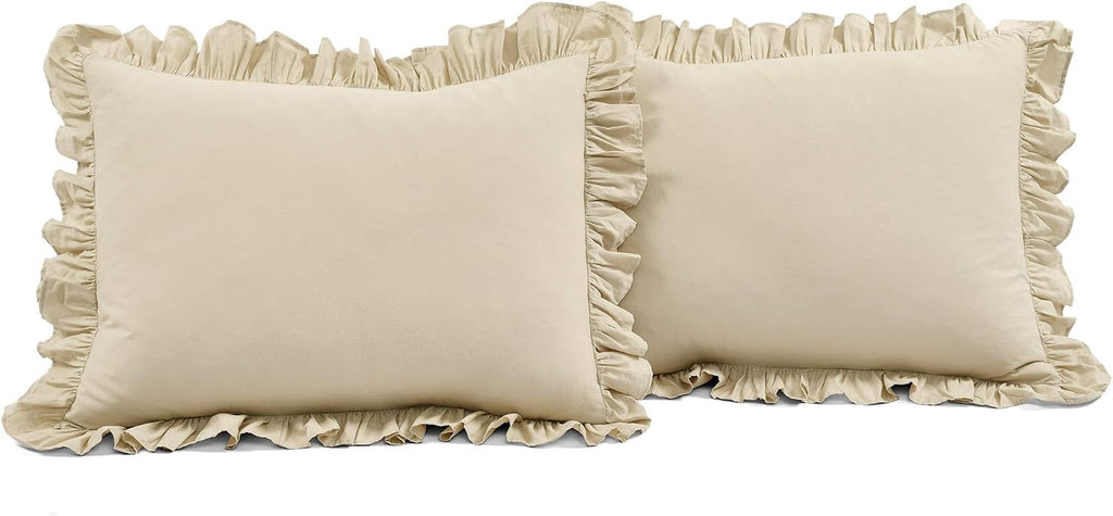 Lush Decor Reyna Ruffle Cotton Duvet Cover Set 3 Piece Set Full/ Queen, Wheat - Queen Size Bedding Set - Beige Duvet Queen- Ruffled Bedding - Coquette Decor