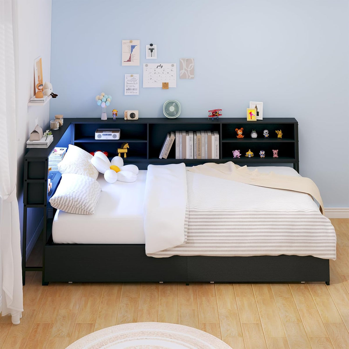 Corner Bed Frame Twin with Storage, L Shaped Daybed for Kids, Twin Corner Bed with Drawers, Shelves, RGB LED Lights & Charging Station, Sturdy Metal Kids Twin Bed for Girls Boys,Black