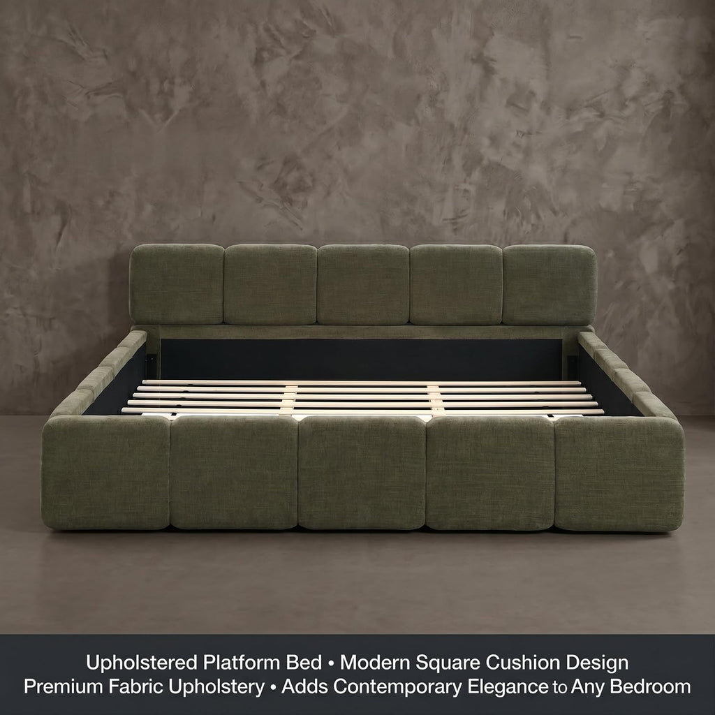 JIJIWANG California King Boucle Upholstered Platform Bed Frame, Linen Grounded Bed with Headboard and Footboard, Block Style Bed for Adults Kids Green