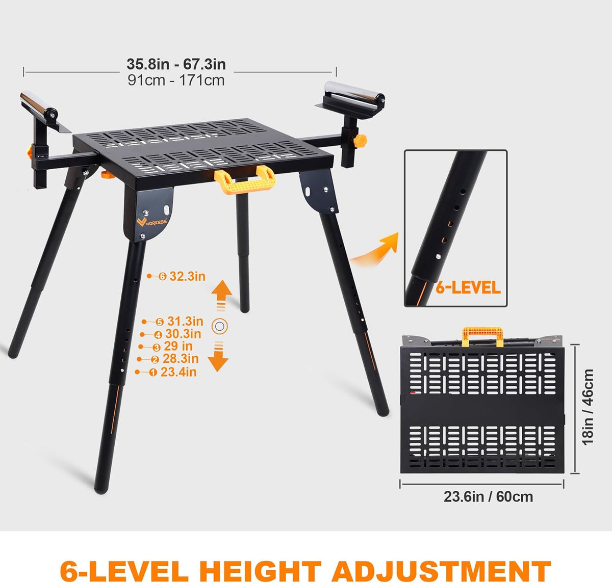 WORKESS Universal Miter Saw Stand with Grid Tabletop 300 lbs Load Capacity 6-Level Height Adjustment Table Saw Stand WK-MS046