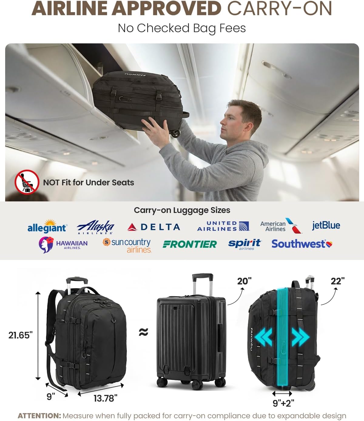Fanwoli Rolling Vacuum Backpack Travel with One-Button Compression, 55L Expandable, Water Resistant Carry-On Suitcase Luggage, Ideal for Outdoor/Family/Trips