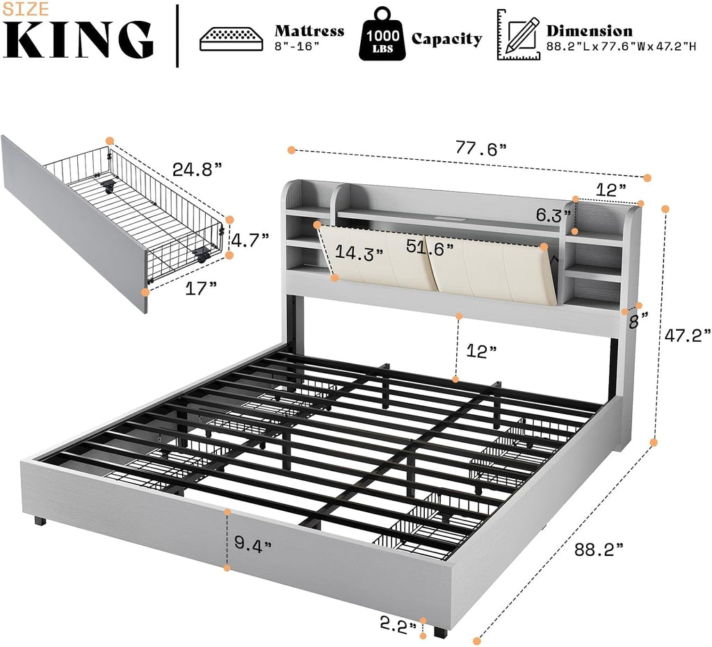AMERLIFE King Size Bed Frame with Charging Station, 4 Drawers & Hidden Storage, Upholstered Cushion Backrest, Wooden Platform Bed with Bookcase Headboard, Heavy Duty Metal Frame, Light Grey