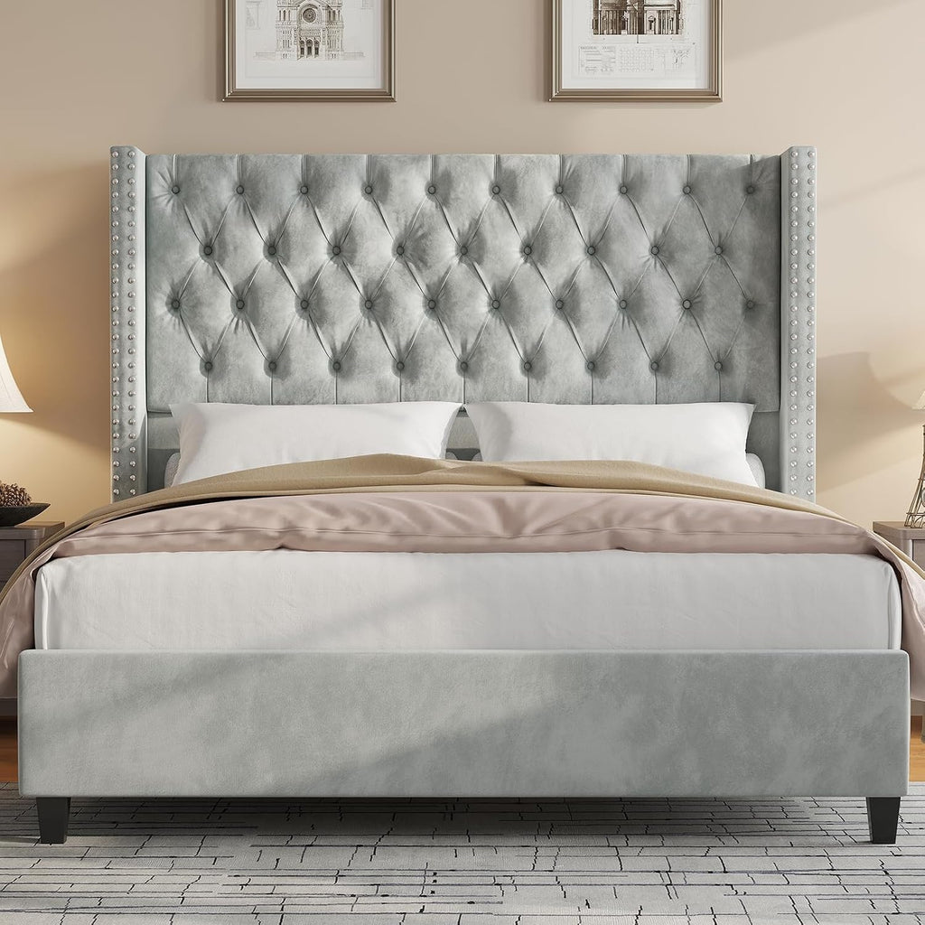 Jocisland Queen Size Bed Frame with 51.6' Wingback Tufted Velvet Headboard, Modern Upholstered Platform Bed, No Box Spring Needed, Easy Assembly, Light Grey