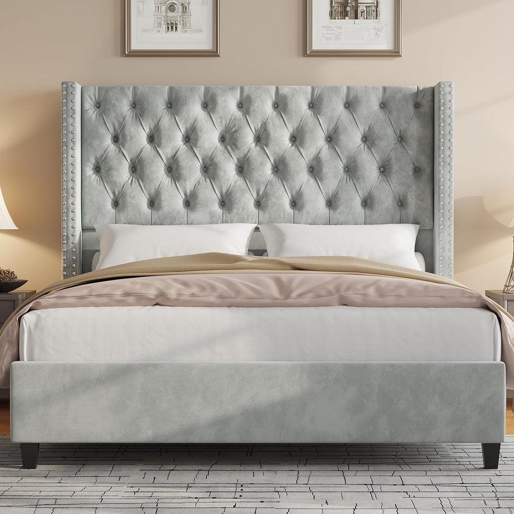 Jocisland King Size Bed Frame with 51.6' Wingback Tufted Velvet Headboard, Modern Upholstered Platform Bed, No Box Spring Needed, Easy Assembly, Light Grey
