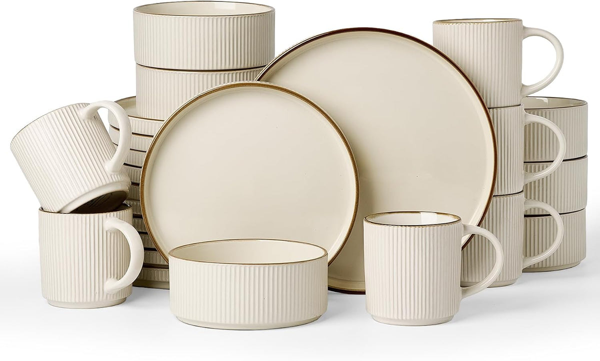 Famiware Star 24-Piece Stoneware Dinnerware Sets with Trim, Service for 6 - Ceramic Mugs, Plates, Bowls, Dishes for Everyday/Party/Formal Use, Chip/Scratch Resistant, Microwave/Dishwasher Safe, Cream