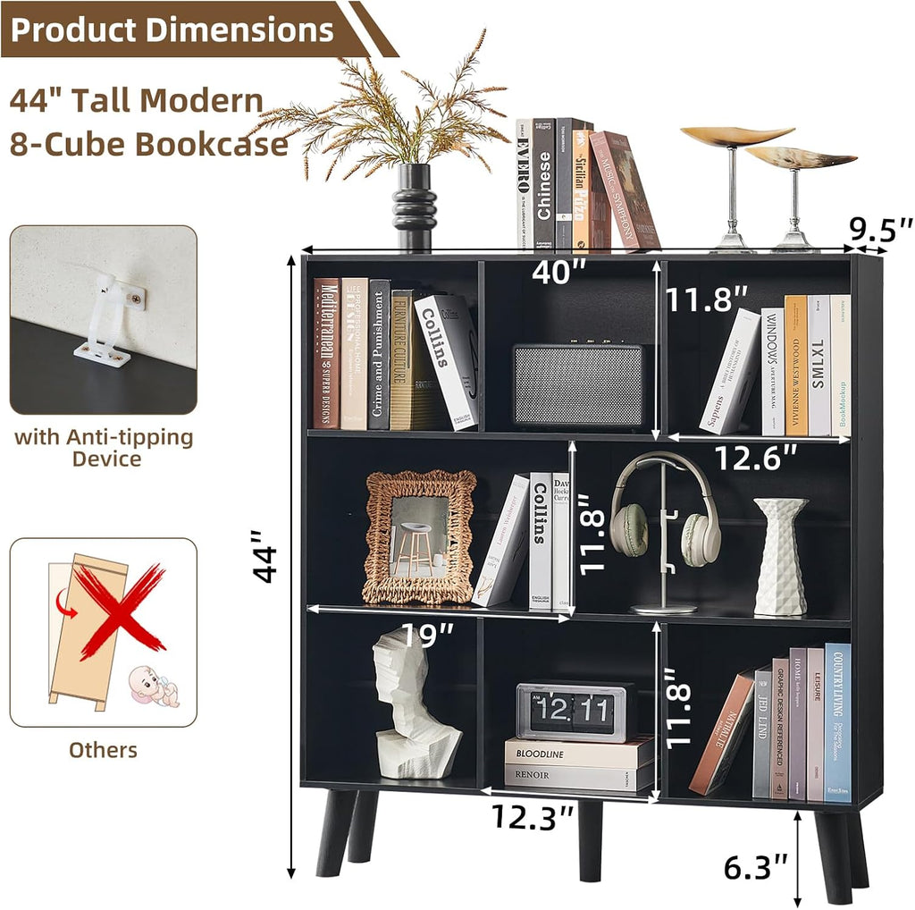LEYAOYAO 8 Cube Bookshelf,3 Tier Bookcase with Legs,Black Mid-Century Modern Bookshelves,Large Open Storage Organizer Shelf, Wooden Book Case