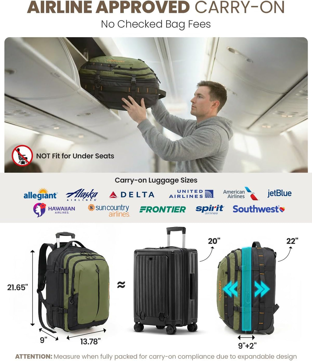 Fanwoli Rolling Vacuum Backpack Travel with One-Button Compression, 55L Expandable, Water Resistant Carry-On Suitcase Luggage, Ideal for Outdoor/Family/Trips