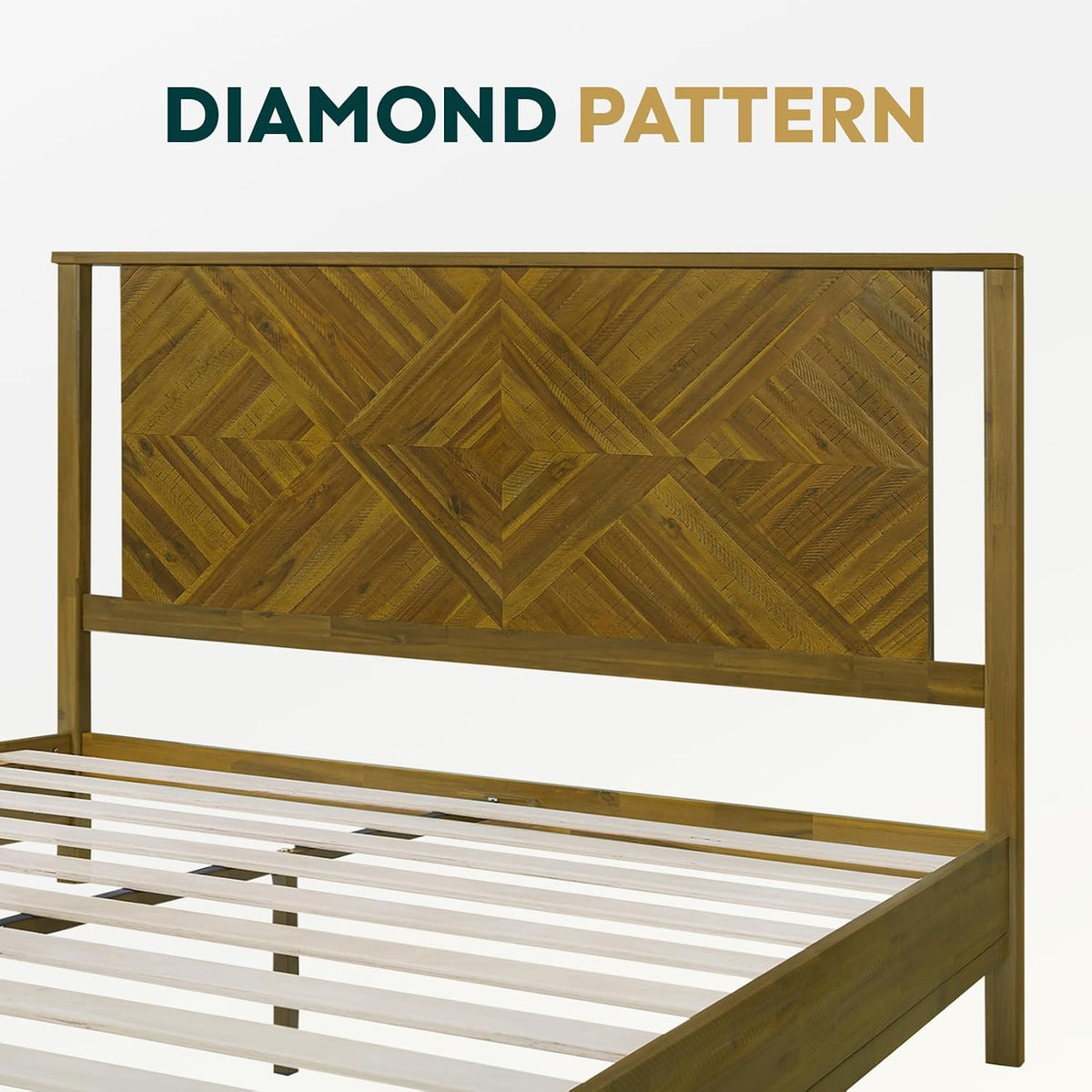 Bme Ethan Solid Wood King Bed Frame with Diamond Headboard - Rustic & Mid-century Modern - Acacia Wood Platform Bed - Compatible with All Mattresses - No Box Spring Needed - Rustic Brown