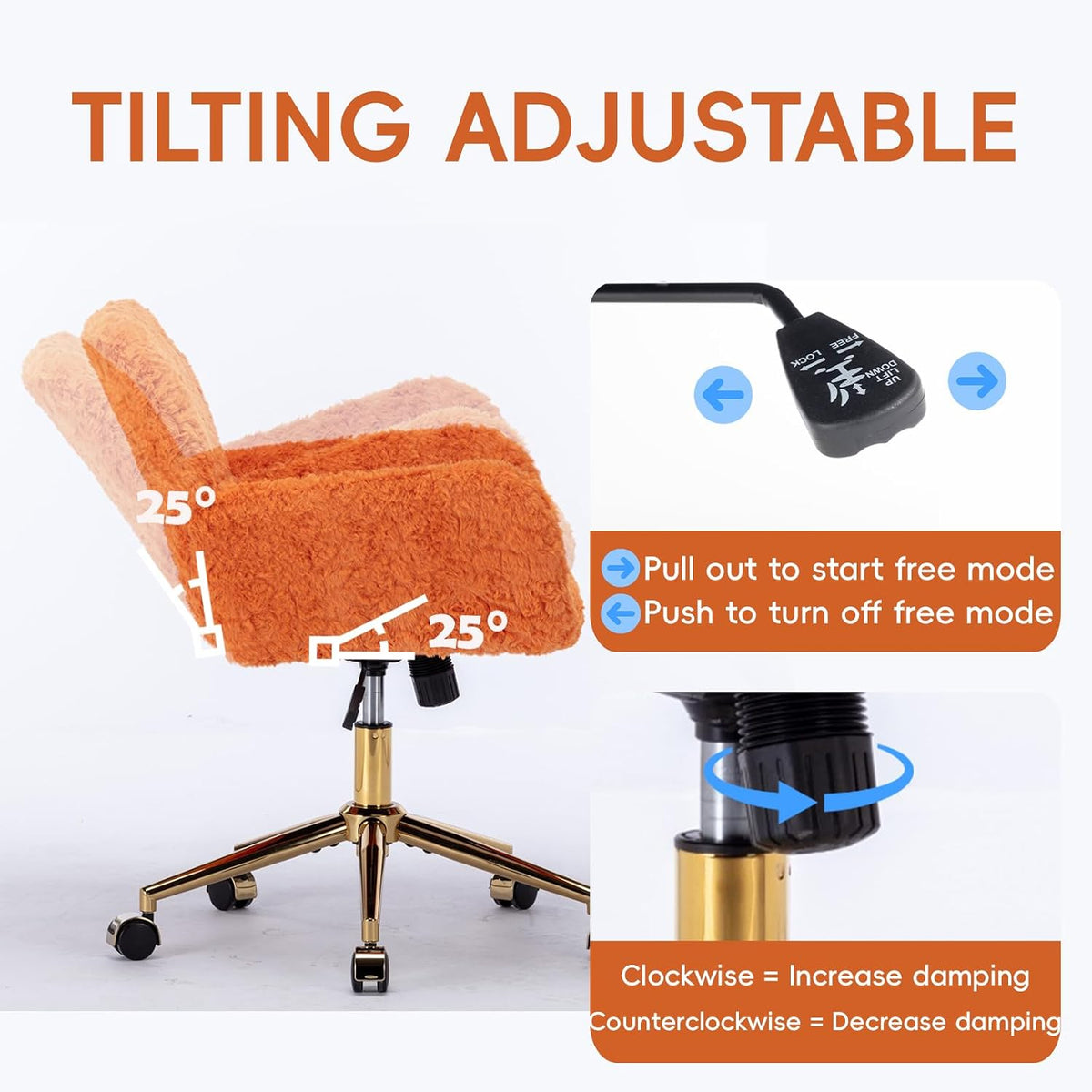 Plush Faux Fur Desk & Vanity Chair with Gold Base – Comfy Adjustable Girls Desk Chair, Makeup Chair, 360° Swivel, Tilt Backrest, Rolling Wheels – Modern Chic Home Office Seating,Orange