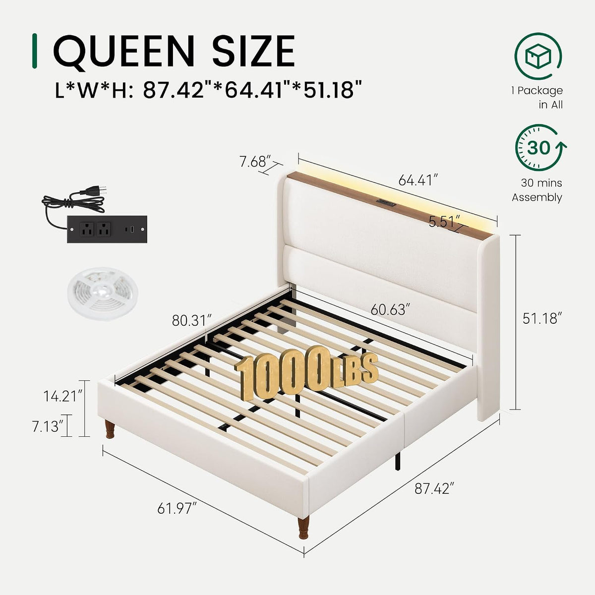 LARMACE Queen Size Bed Frame with LED Lights and Charging Station Linen Upholstered Platform Bed Frame with 51.2' Tall Headboard Wingback and Storage Shelf, No Box Spring Needed, Noise Free, Beige