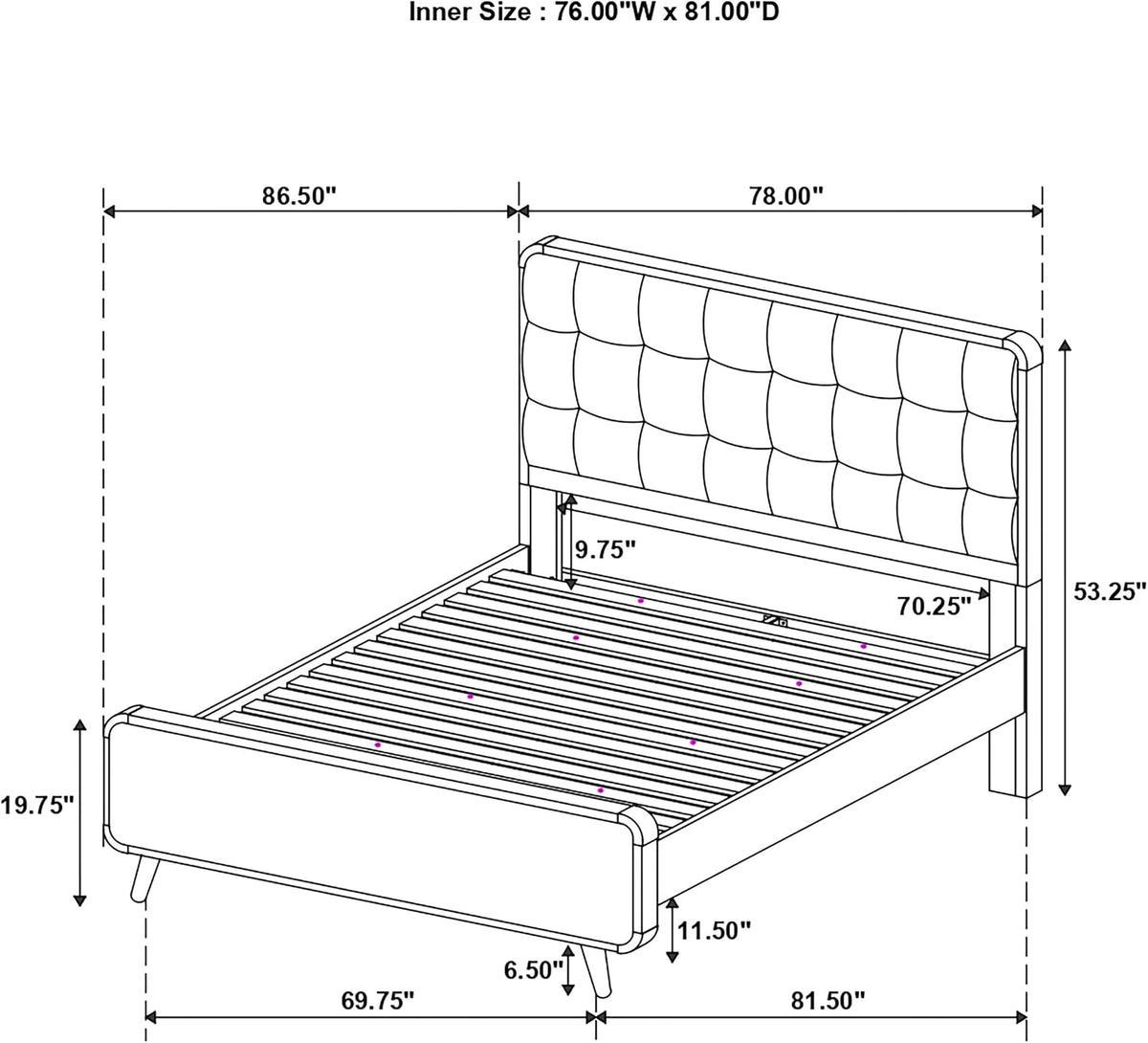 Coaster Home Furnishings Robyn Contemporary 4-Piece Bedroom Set Fabric Upholstered Eastern King Size Panel Bed Frame 53-inch Headboard Dark Walnut 205131KE-S4