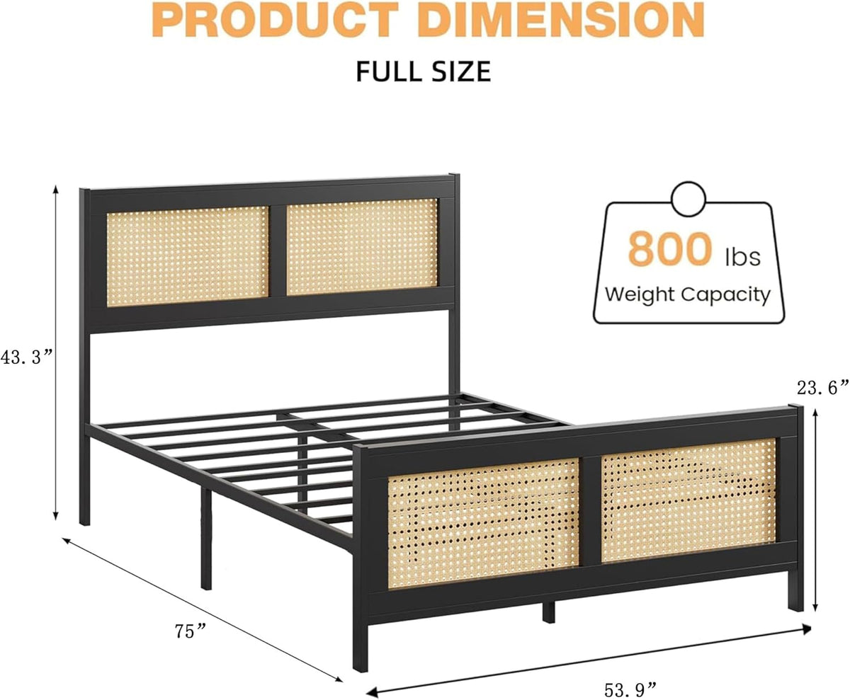 IDEALHOUSE Rattan Bed Frame with Headboard, Boho Full Size Bed Frame with Strong Metal Slats Support, No Box Spring Needed, Noise-Free Design, Black