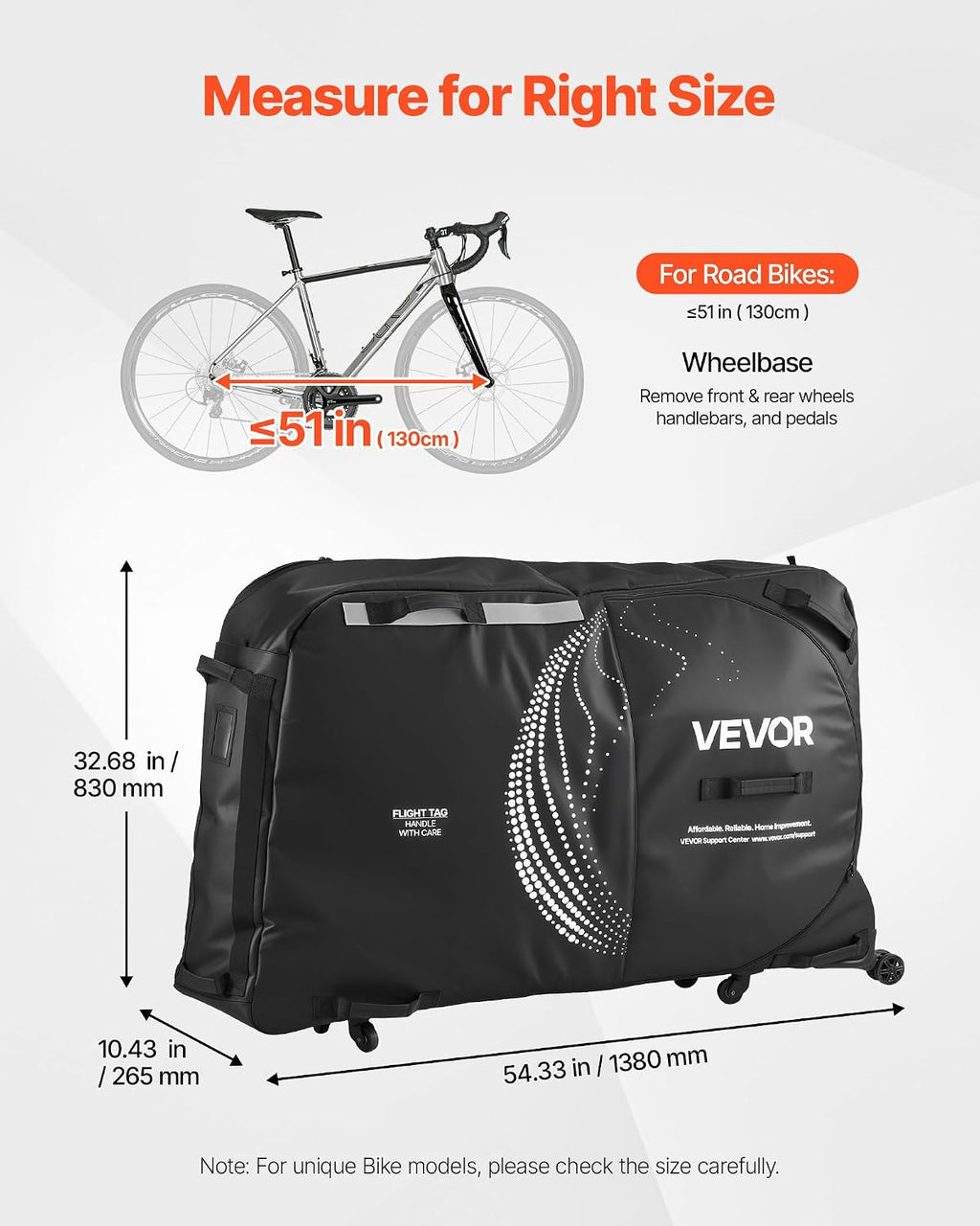 VEVOR Bike Travel Bag, Transport Universal Bicycle Storage Case Bag with TSA Lock, Support Plates, Protection and Fork Mount Stabilisation, Bicycle Case Max. Wheelbase 51 in for Airplane, Outdoor Use