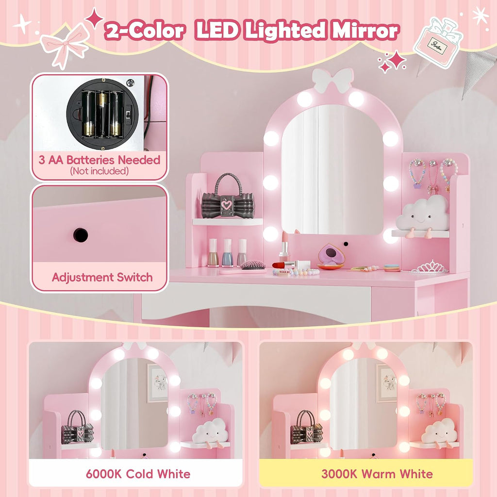 MU Kids Vanity with Lights, Princess Makeup Vanity Table and Chair Set for Girls, Toddler Vanity Desk with Open Bookshelf, Storage Cabinet & Shelves, Stools, Pink