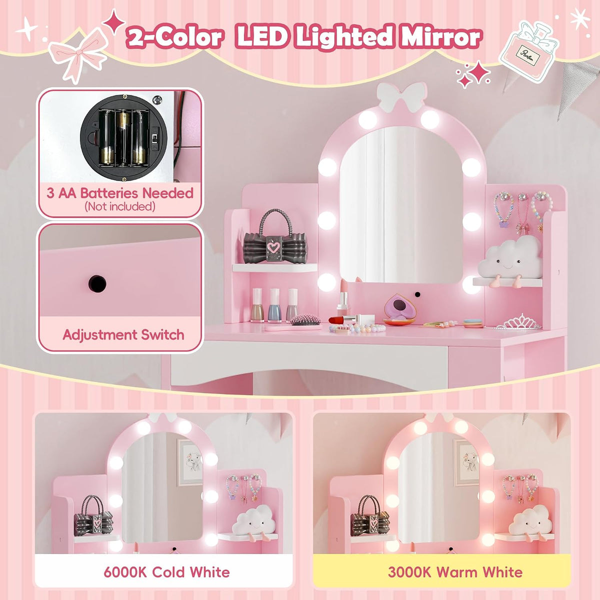 MU Kids Vanity with Lights, Princess Makeup Vanity Table and Chair Set for Girls, Toddler Vanity Desk with Open Bookshelf, Storage Cabinet & Shelves, Stools, Pink