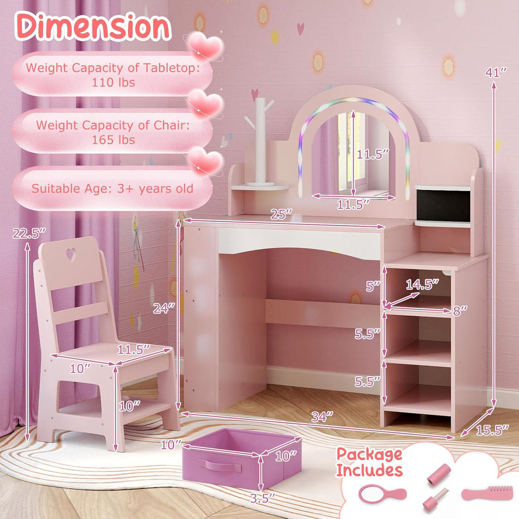 HONEY JOY Kids Vanity, Wooden Girls Vanity Set with Lighted Mirror & Open Bookshelf, Ring Slot & Jewelry Storage, Toddler Makeup Vanity Desk Dressing Table, Kids Vanity Table and Chair Set (Pink)