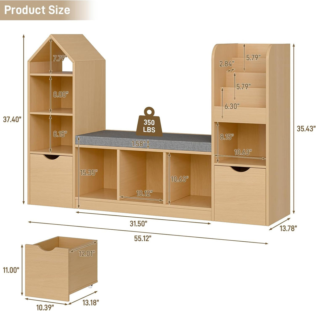 Befrases 55.12''Kids Bookshelf with Reading Nook, Toy Storage Organizer with Seat Cushion and 2 Movable Drawers, Kids Bookcase Toy Organizers with 7 Storage Cubbies, for Playroom, Bedroom, Oak