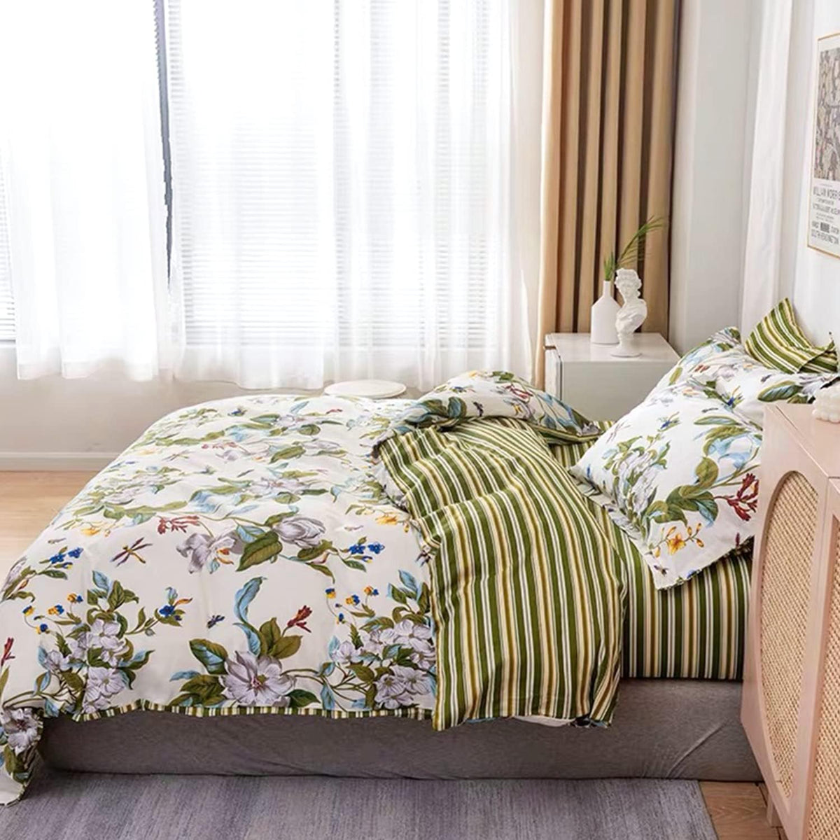 FADFAY Shabby Floral Bedding Set California King 7Pcs 100% Cotton Green Cream Flower Bed Sheets with Duvet Cover Set, Complete Bedding Bed in a Bag Vintage Countryside Soft Deep Pocket Fitted Sheets