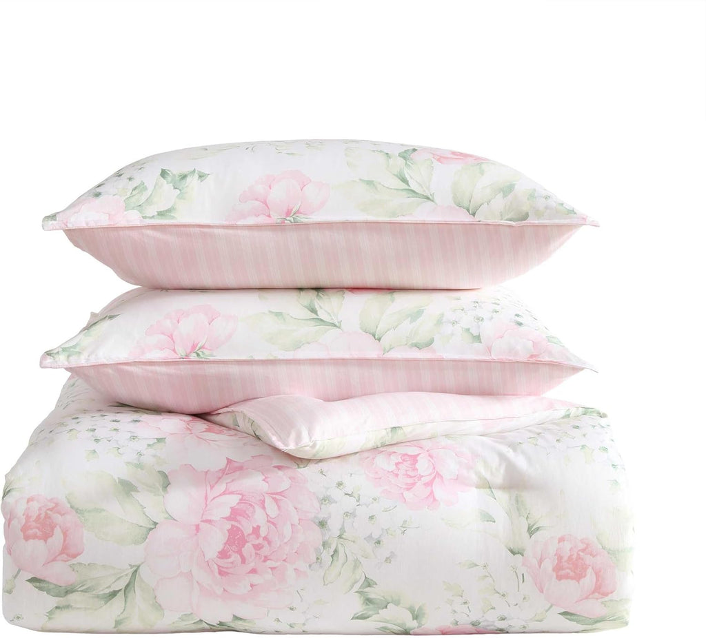 Laura Ashley - King Bonus Comforter Set, Reversible Bedding with a Naturally Soft Feel, 7 Piece Bed Set with Matching Pillowcases, Euro Shams, & Throw Pillow Covers (Serenity Roses/Mattie Stripe Pink)