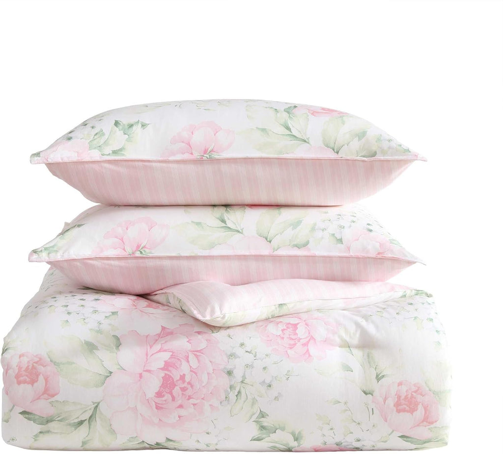 Laura Ashley - Queen Bonus Comforter Set, Reversible Bedding with a Soft Feel, 7 Piece Bed Set with Matching Pillowcases, Euro Shams, & Throw Pillow Covers (Serenity Roses/Mattie Stripe Pink)