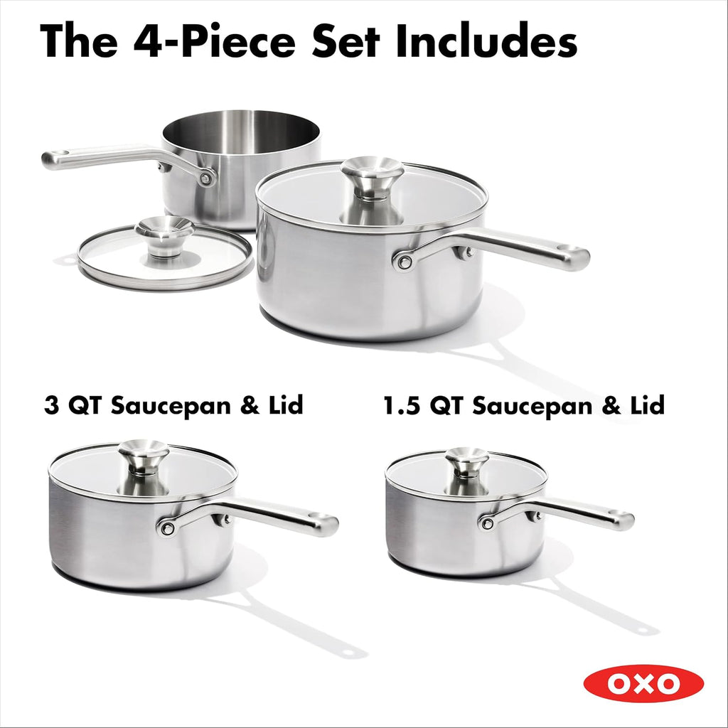 OXO Mira Tri-Ply Stainless Steel, 1.5QT and 3QT Saucepan Pot Set with Lids, Induction, Multi Clad, Dishwasher and Metal Utensil Safe