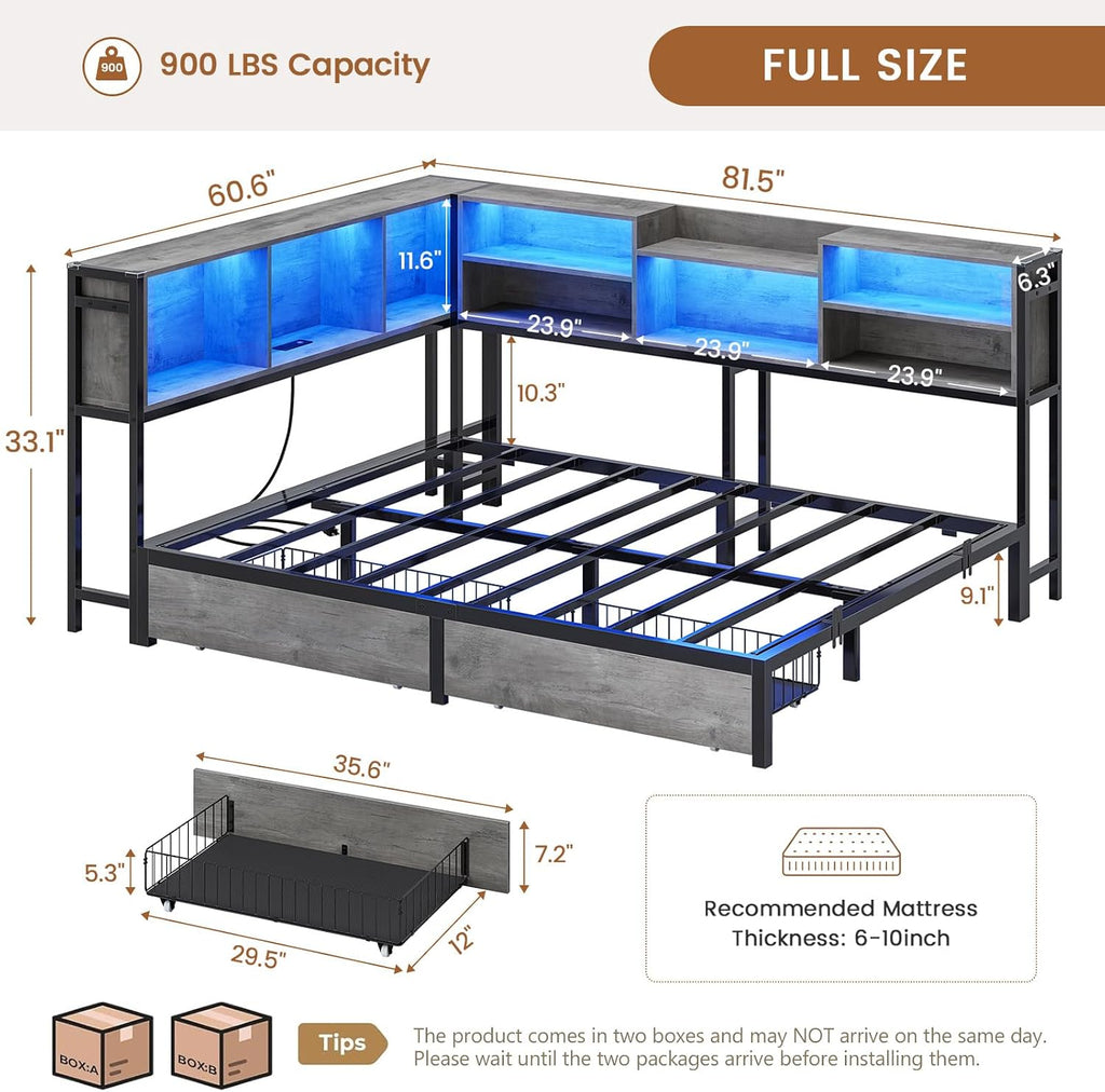 Hasuit Full Corner Bed Frame with Storage Bookcase, Full Size Daybed with 2 Underneath Storage Drawers, Kids Bed Unit with Charging Station and LED Light, Modern Teenagers Bedframe, Oak Gray