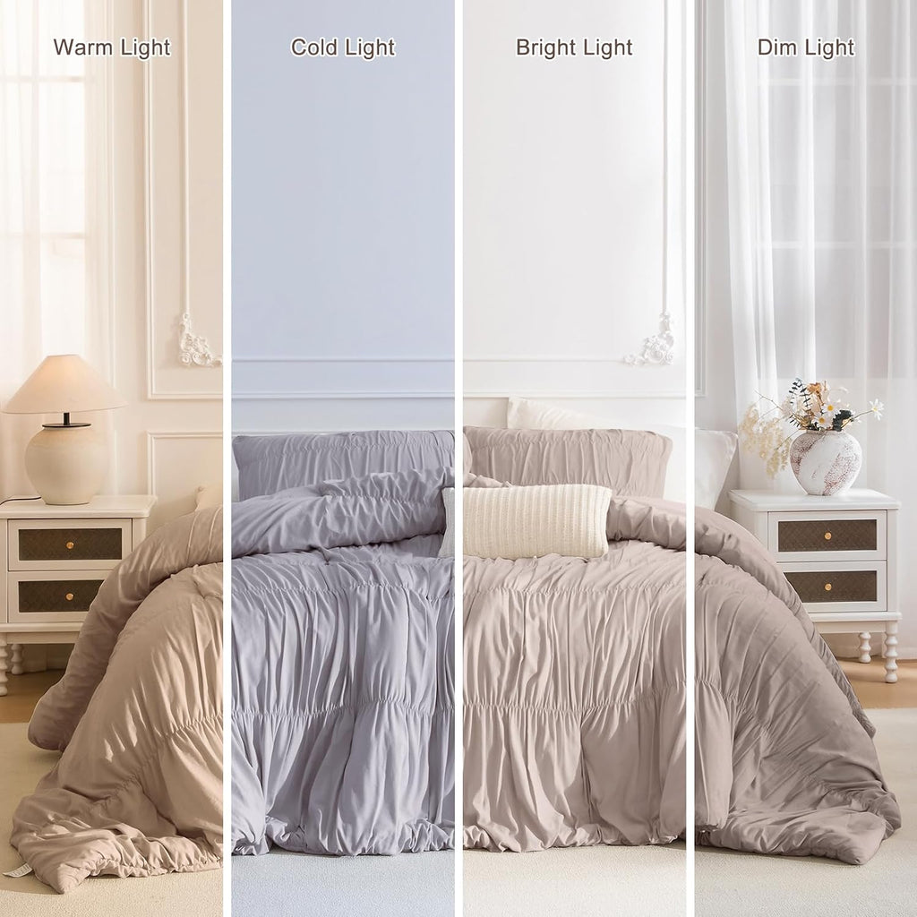 Masaca Oversized King Comforter(120'x98'),Taupe Ruched Ruffle California King Comforter Set,3 Pieces Lightweight Extra Large Farmhouse Shabby Boho Chic French Country Bedding Set