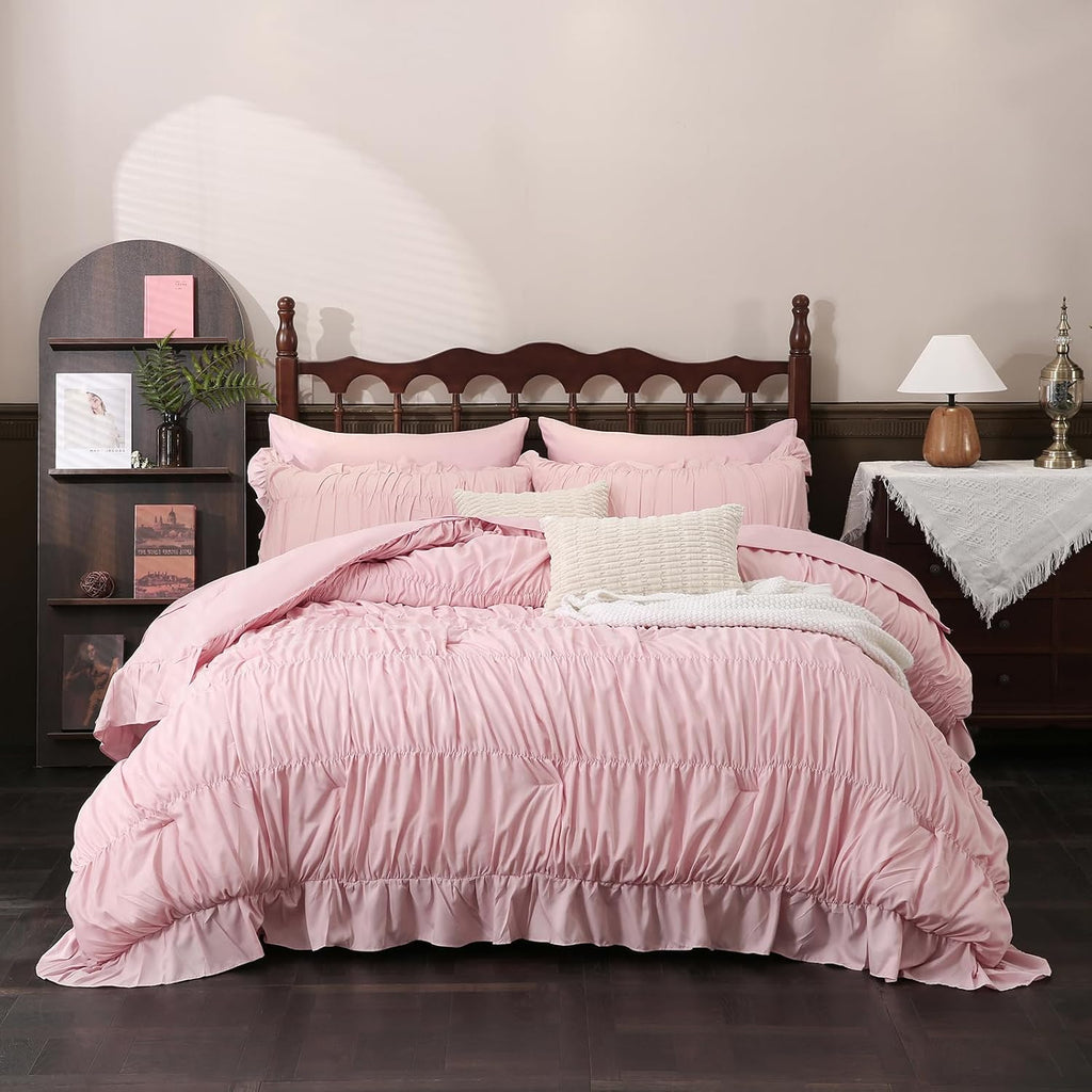 Herside Pink Comforter Set Queen Size,Ruched Boho Bedding 9-Piece Bed-in-a-Bag for All Seasons,Fluffy Luxury Ruffle Bedding Set with Comforter, Flat Sheet, Fitted Sheet, Pillow Shams, Pillowcases
