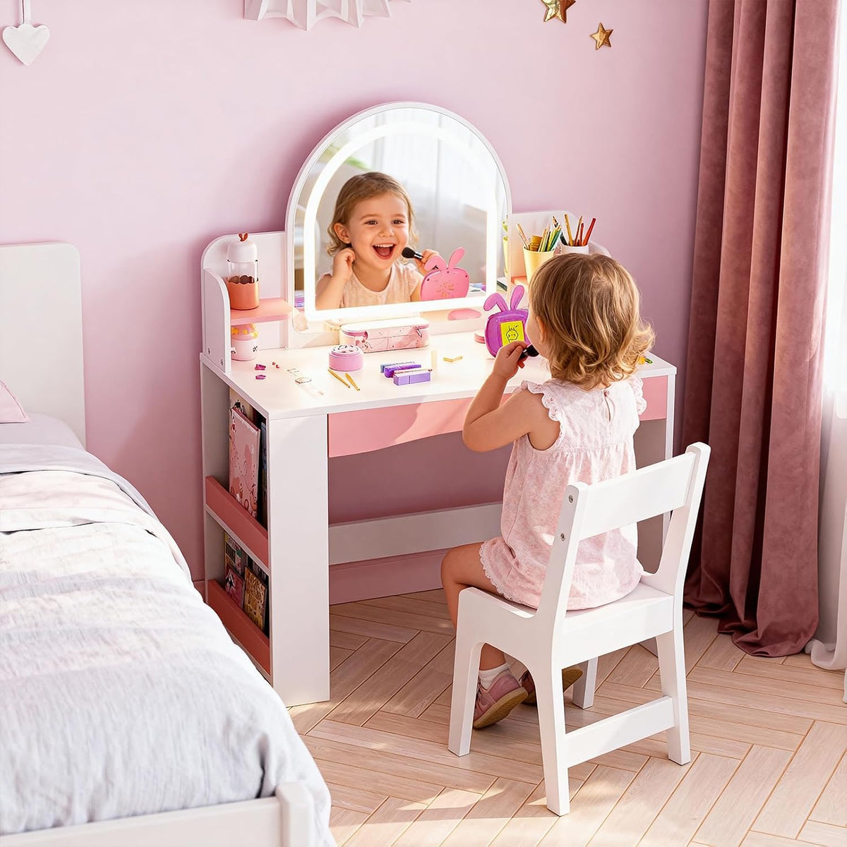 Teckid Kids Vanity Table and Chair Set with Lights, Toddler Vanity Desk for Girls, Princess Makeup Vanity for Kids with Storage Shelves, Open Bookshelf and Stools, White