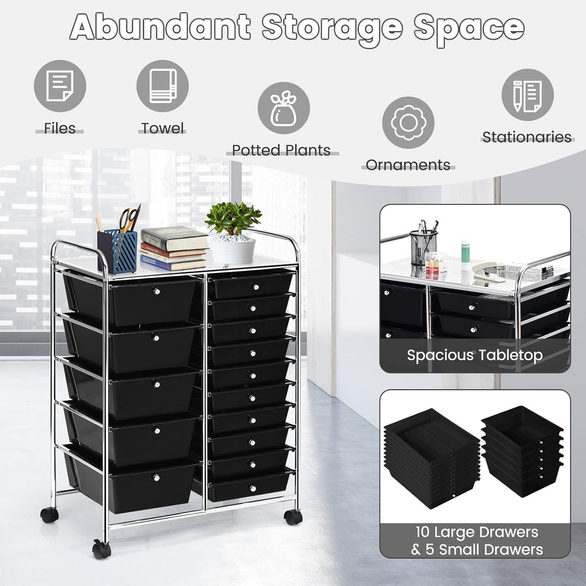 LUARANE Rolling Cart with 15 Drawers, Craft Storage Cart with Portable Handles & Lockable Wheels, Mobile Toys Organizer, Large Capacity Utility Drawer Cart Home Office School Teacher (Black)