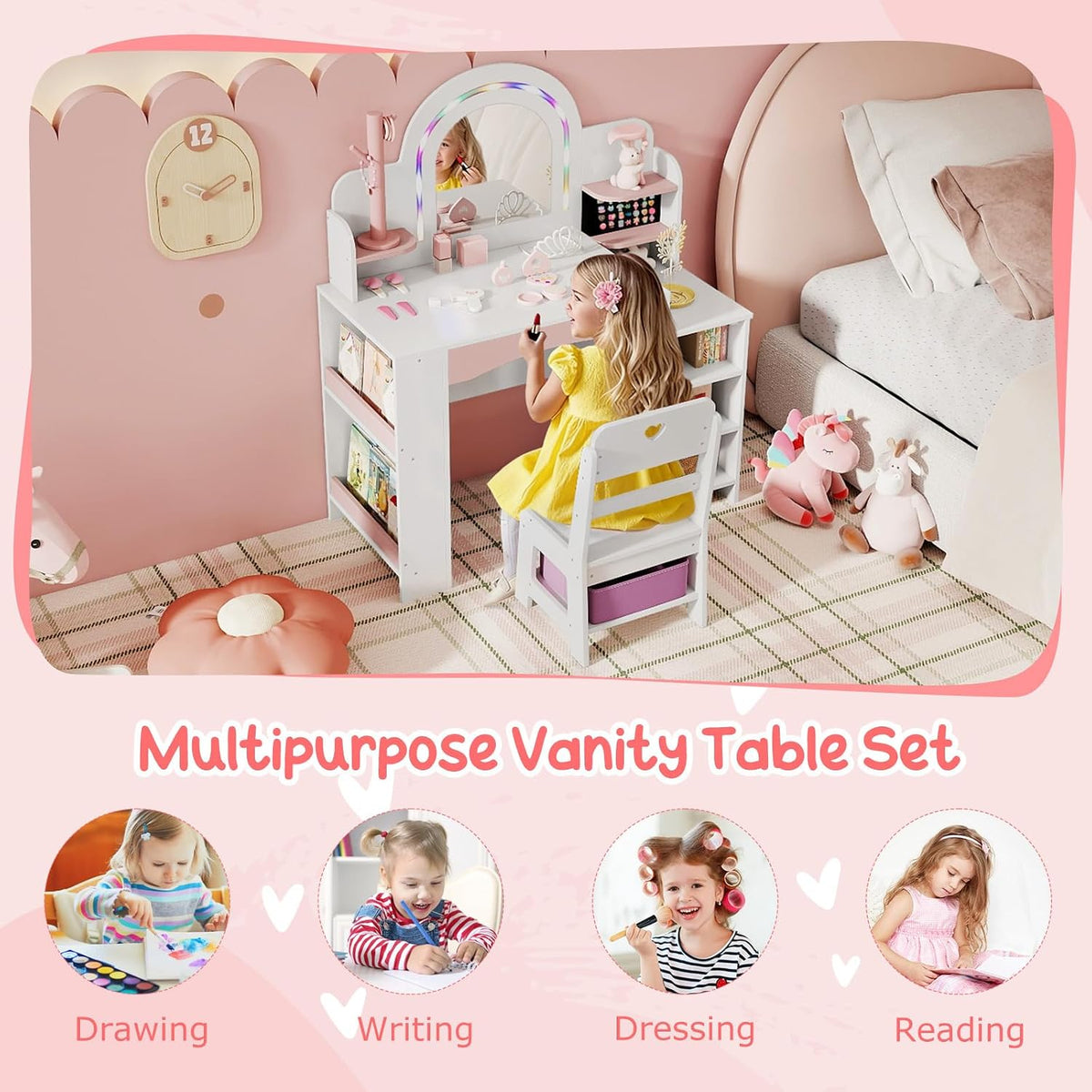 HONEY JOY Kids Vanity, Wooden Girls Vanity Set with Lighted Mirror & Open Bookshelf, Ring Slot & Jewelry Storage, Toddler Makeup Vanity Desk Dressing Table, Kids Vanity Table and Chair Set (White)