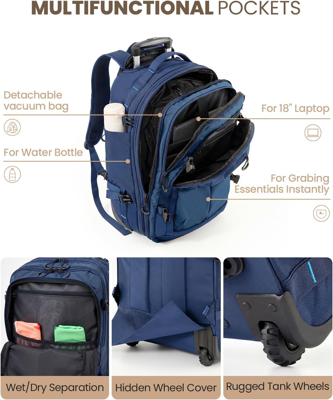 Fanwoli Rolling Vacuum Backpack Travel with One-Button Compression, 55L Expandable, Water Resistant Carry-On Suitcase Luggage, Ideal for Outdoor/Family/Trips