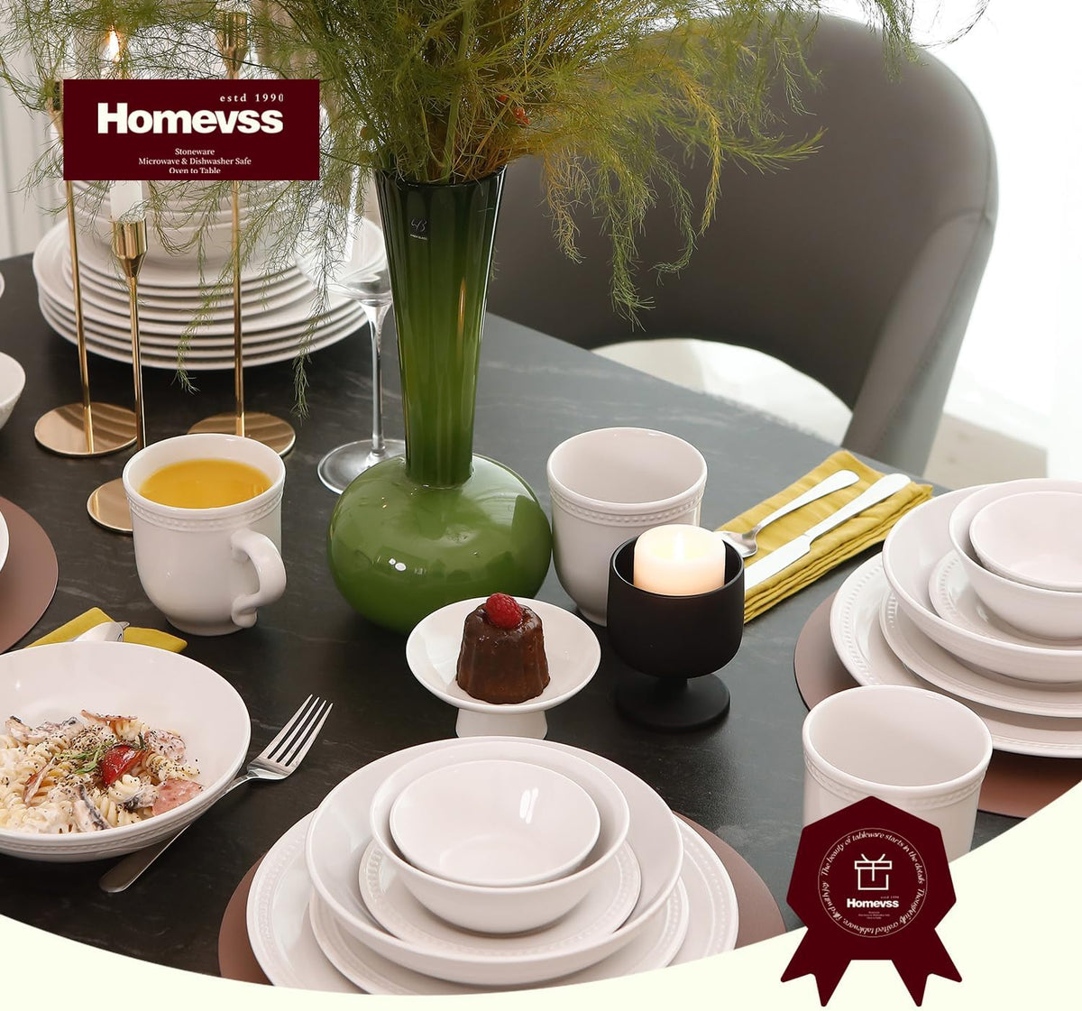 Pearl Dots Stoneware Dinnerware Set (56pc Set, White)