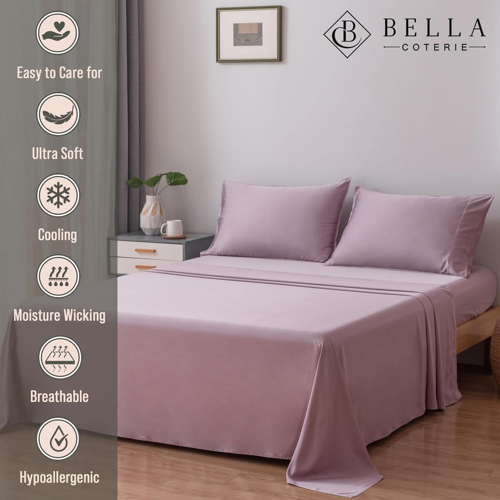 Bella Coterie Luxury Bamboo Viscose King Size Sheet Set | 100% Organically Grown | Ultra Soft | Cooling for Hot Sleepers | 18' Deep Pocket [Lilac]