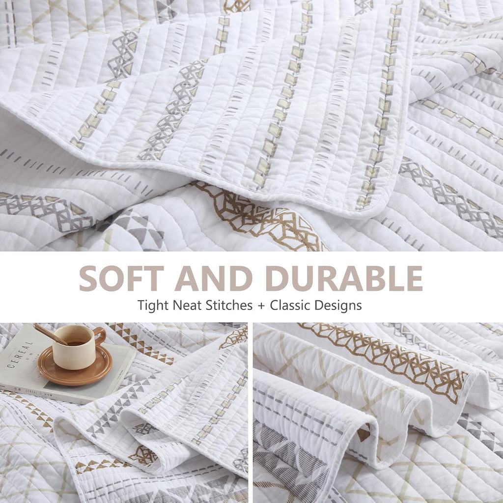 Quilt King Size, 100% Cotton King Quilt Bedding Set, Reversible Boho Striped King Bedspreads Lightweight Comforter Bed Spread King Size for All Season, 3 Pieces, White/Brown/Grey