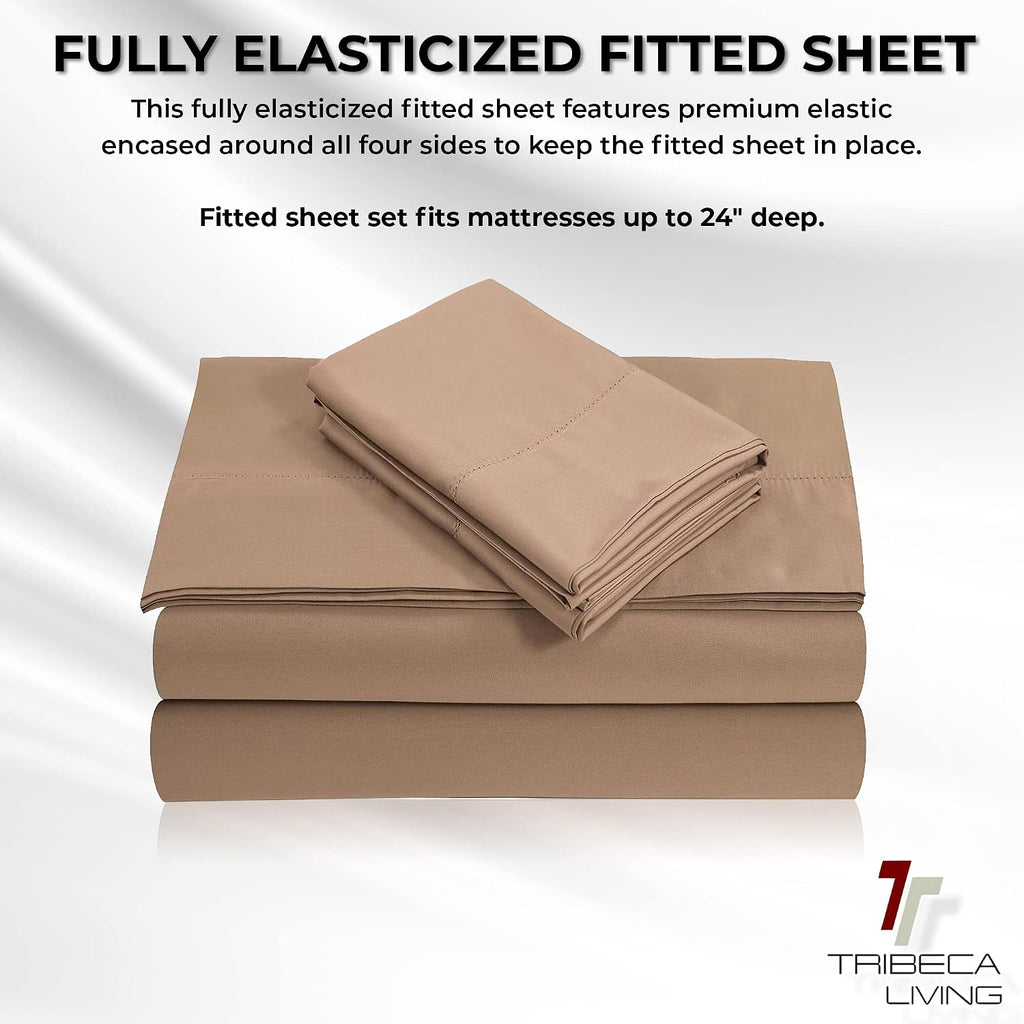 Tribeca Living 100% Egyptian Cotton Sheets 800 Thread Count - Extra Deep Pocket Fitted Sheet Fits Mattresses up to 24 Inches - Silky Sateen 4-Piece Set - Queen, Café